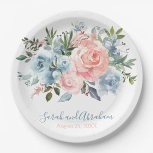 Pink and Dusty Blue Floral Roses Wedding Paper Plate