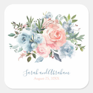 Pink and Dusty Blue Floral Roses Wedding  Square Sticker