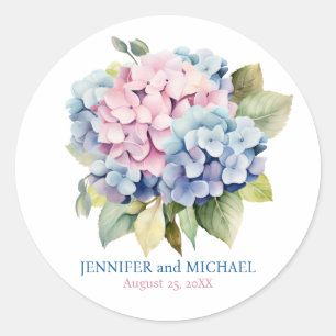Pink and Dusty Blue Hydrangeas Wedding Circle Classic Round Sticker