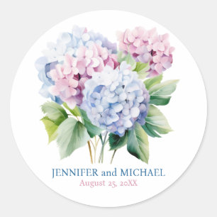 Pink and Dusty Blue Hydrangeas Wedding Circle Classic Round Sticker