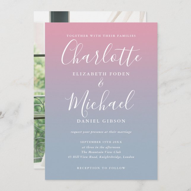 Pink And Dusty Blue Ombre Photo Wedding Invitation (Front/Back)