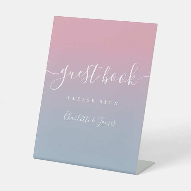 Pink And Dusty Blue Ombre Script Guest Book Pedestal Sign (Front)