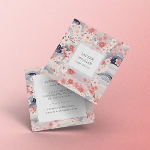 Pink And Dusty Blue Sakura Flowers Square Business Card