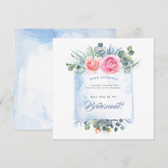 Pink and Dusty Blue Will You Be My Bridesmaid Invitation (Front/Back)