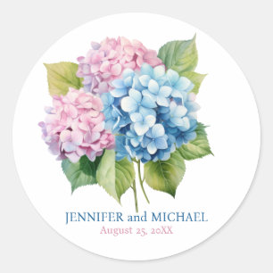 Pink and Dusty Bluel Hydrangeas Wedding Circle Classic Round Sticker