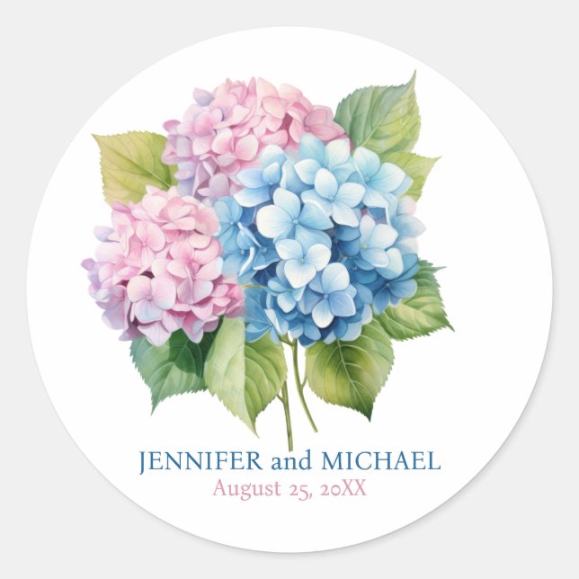 Pink and Dusty Bluel Hydrangeas Wedding Circle Classic Round Sticker (Front)