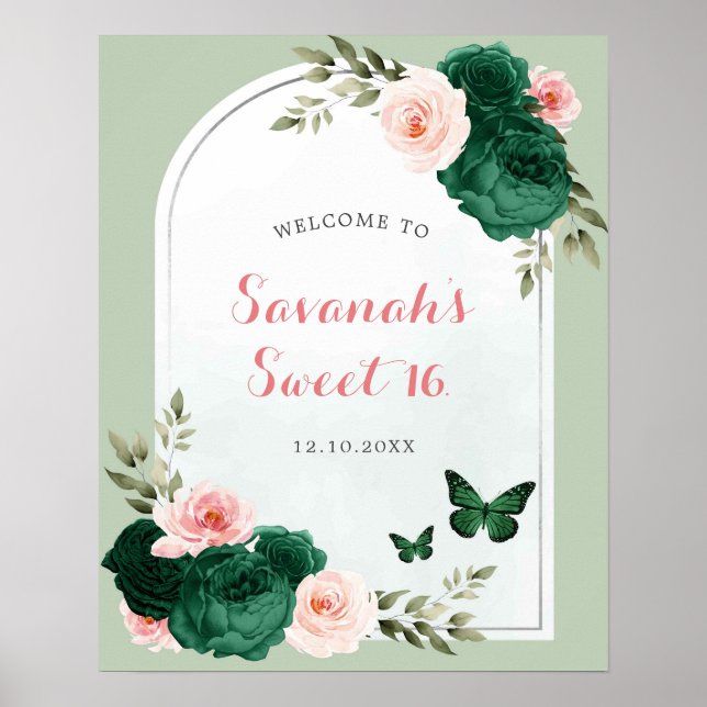 Pink and Emerald Green Sweet 16 Welcome Sign (Front)