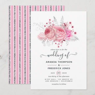 Pink and Faux Foil & Glitter Silver Floral Wedding Invitation