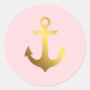 Pink and Faux Gold Foil Anchor Classic Round Sticker