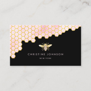 pink and faux gold foil bee on black business card