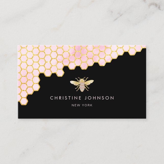 pink and faux gold foil bee on black business card (Front)