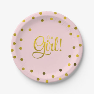 Pink and Faux Gold Foil Girl Baby Shower Paper Plate
