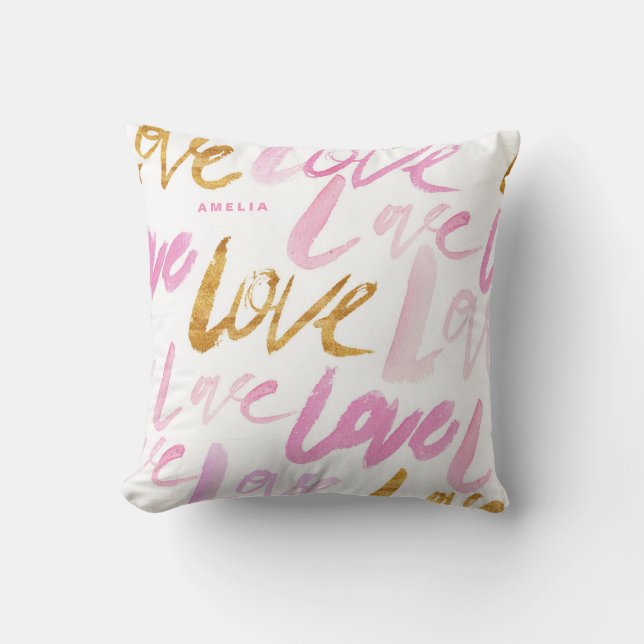 Pink and Faux Gold Foil Love Typography Custom Cushion (Front)