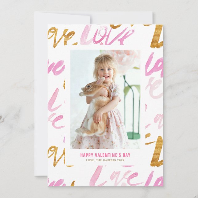 Pink and Faux Gold Foil Love Valentines Day Holiday Card (Front)