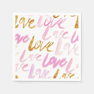 Pink and Faux Gold Foil Love Valentines Pattern Napkin