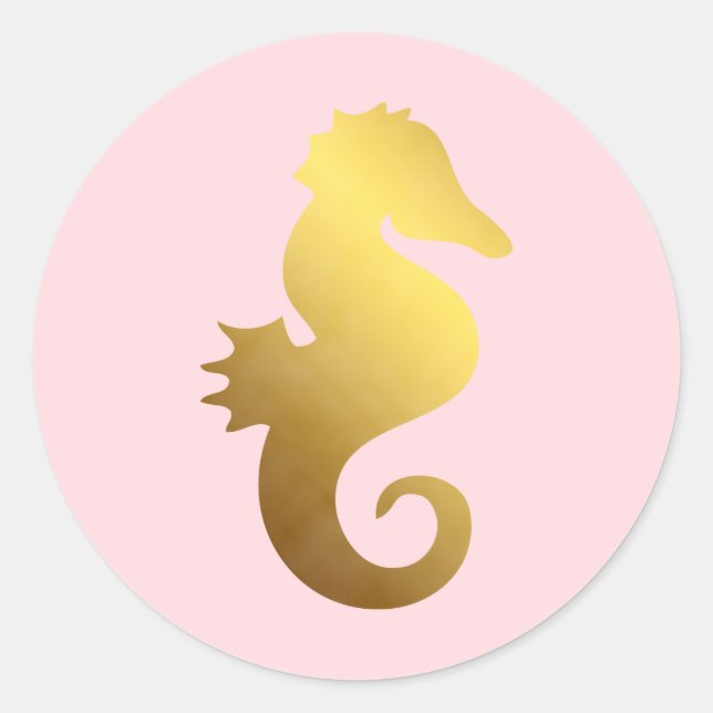 Pink and Faux Gold Foil Seahorse Classic Round Sticker (Front)