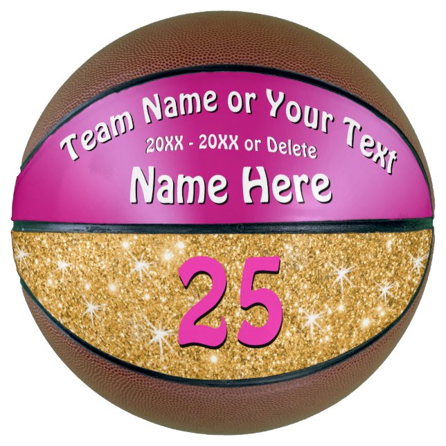 Pink and faux Gold Glitter Personalised Basketball (Front)