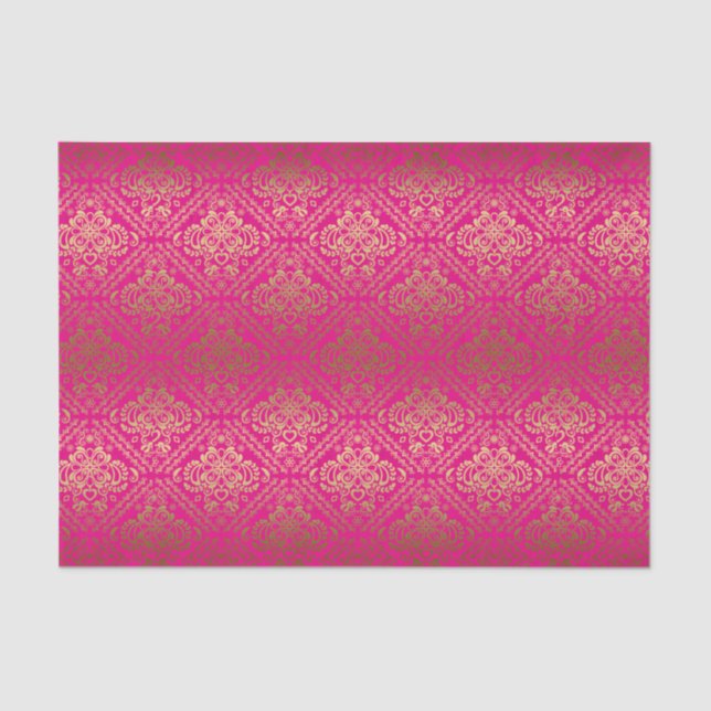 Pink And Faux Metallic Gold Floral Damasks Tissue Paper (Front)