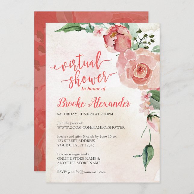 Pink and Floral Virtual Shower Invitation (Front/Back)