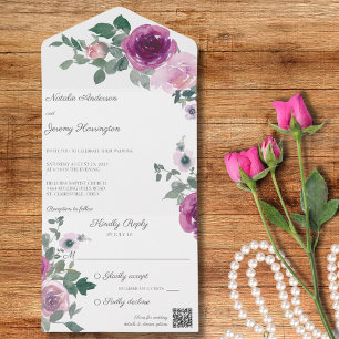 Pink and Fuchsia Roses on White QR Code All In One Invitation