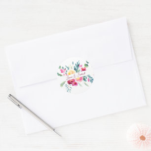 Pink and Fushia watercolor floral custom Wedding Classic Round Sticker