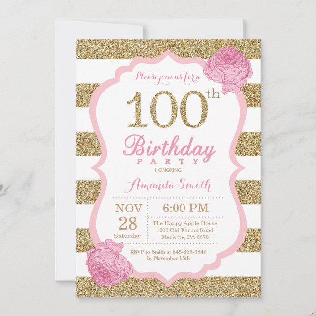 Pink and Gold 100th Birthday Invitation Floral (Front)