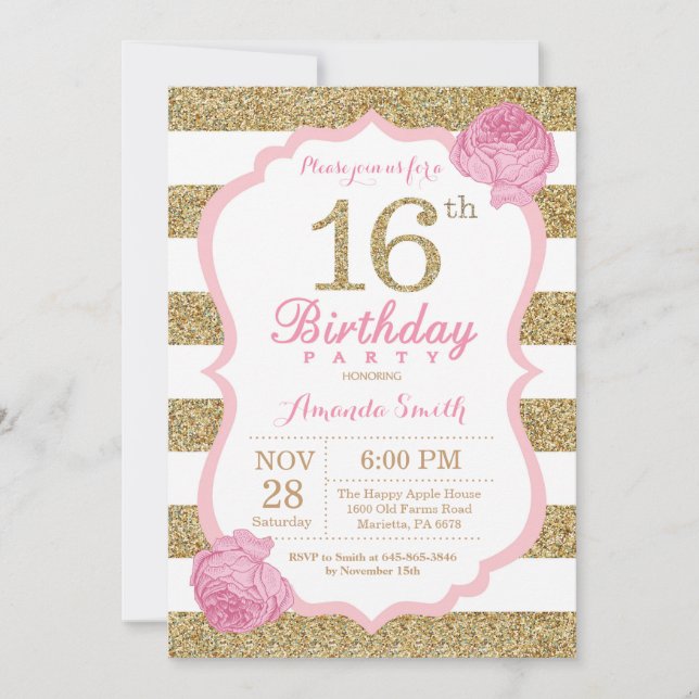 Pink and Gold 16th Birthday Invitation Floral (Front)