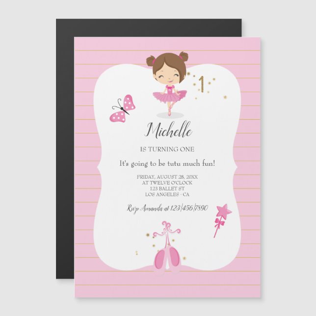 Pink and Gold 1st Birthday Ballerina Party Magnetic Invitation (Front/Back)