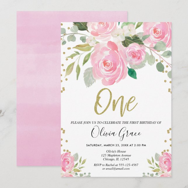 pink and gold 1st birthday floral girl birthday invitation (Front/Back)