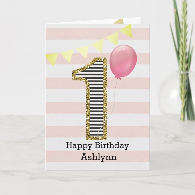 Pink and Gold 1st Birthday Girl Card (Front)