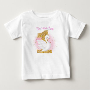 Pink and Gold 1st Birthday Swan Princess Baby T-Shirt