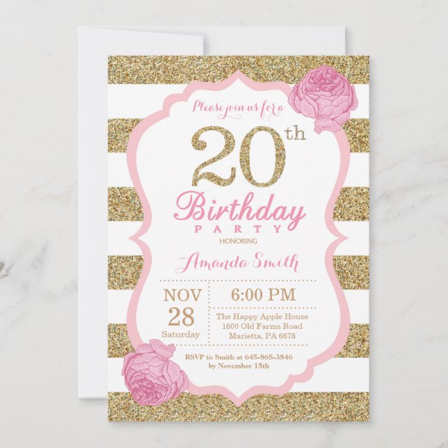 Pink and Gold 20th Birthday Invitation Floral (Front)