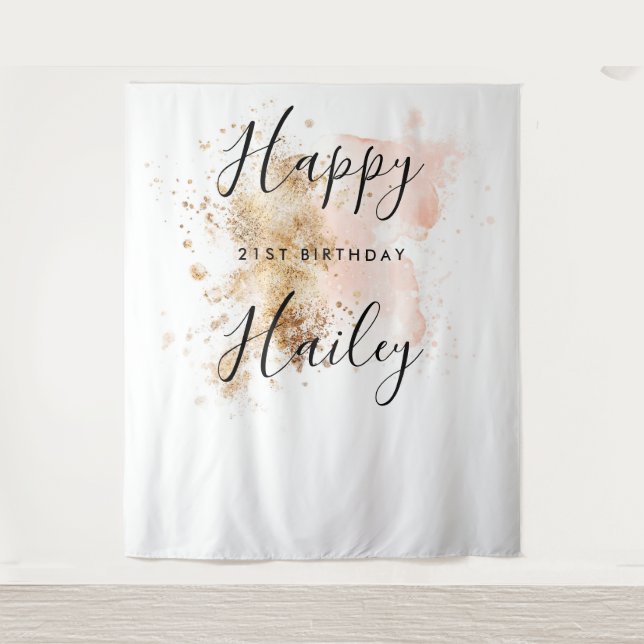 Pink And Gold 21st Birthday Photo Booth Backdrop Tapestry (Front)