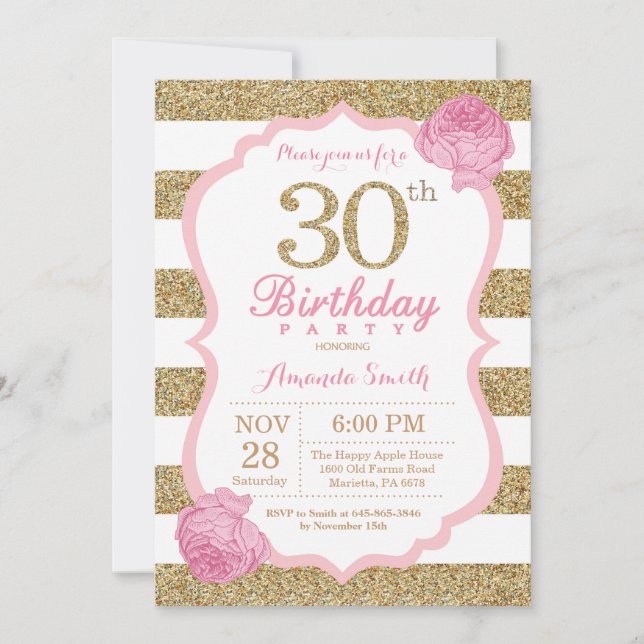 Pink and Gold 30th Birthday Invitation Floral (Front)