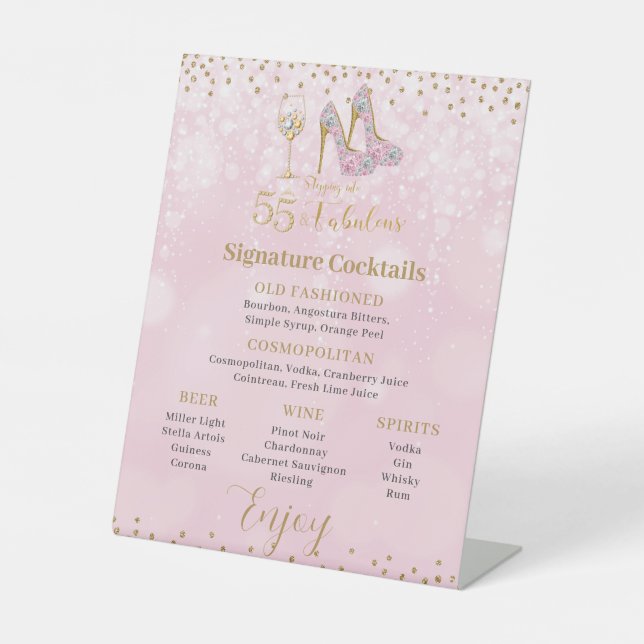 Pink and Gold 55 and Fabulous Bar Cocktails Menu Pedestal Sign (Front)