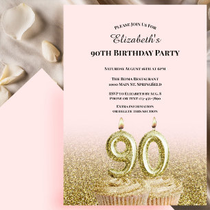 Pink and Gold 90th Birthday Invitation For Her