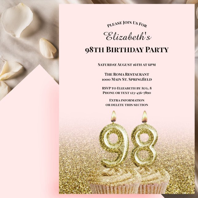 Pink and Gold 98th Birthday Invitation For Her (Creator Uploaded)