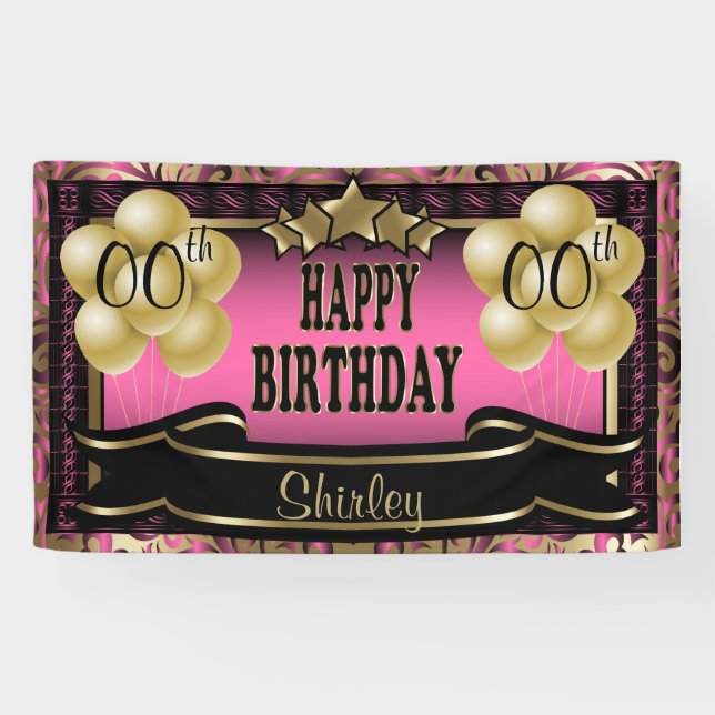 Pink and Gold Abstract Happy 00th Birthday Banner (Horizontal)