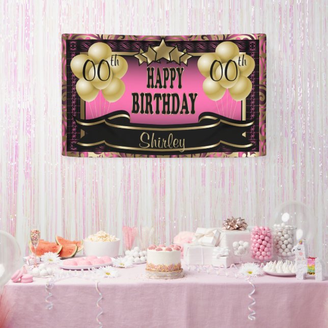 Pink and Gold Abstract Happy 00th Birthday Banner (Party)