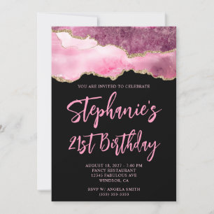 Pink and Gold Agate Black Bold 21st Birthday Invitation