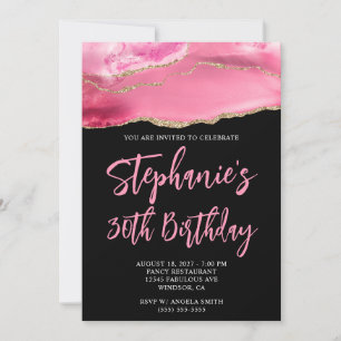 Pink and Gold Agate Black Bold 30th Birthday Invitation