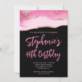 Pink and Gold Agate Black Bold 40th Birthday Invitation