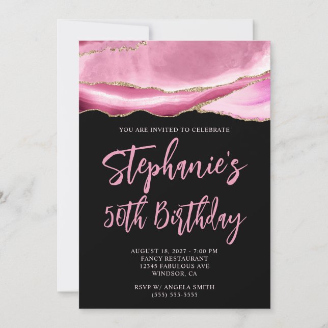 Pink and Gold Agate Black Bold 50th Birthday Invitation (Front)