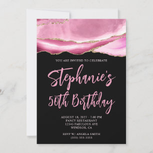 Pink and Gold Agate Black Bold 50th Birthday Invitation