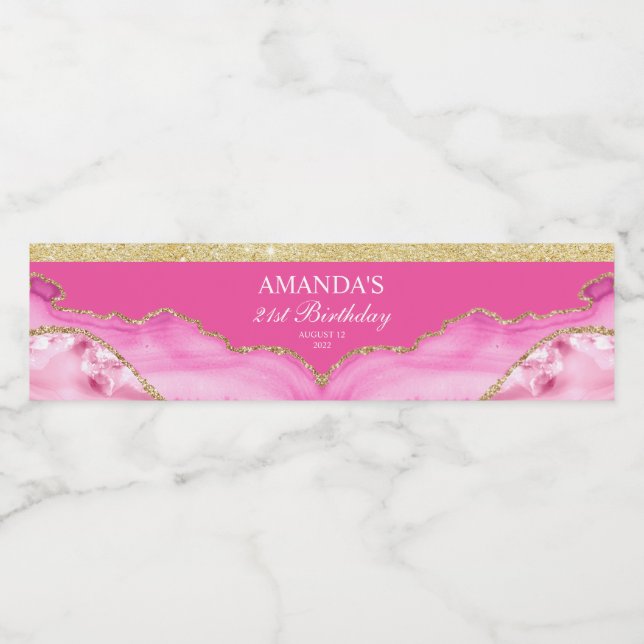 Pink and Gold Agate Marble Water Bottle Label (Single Label)