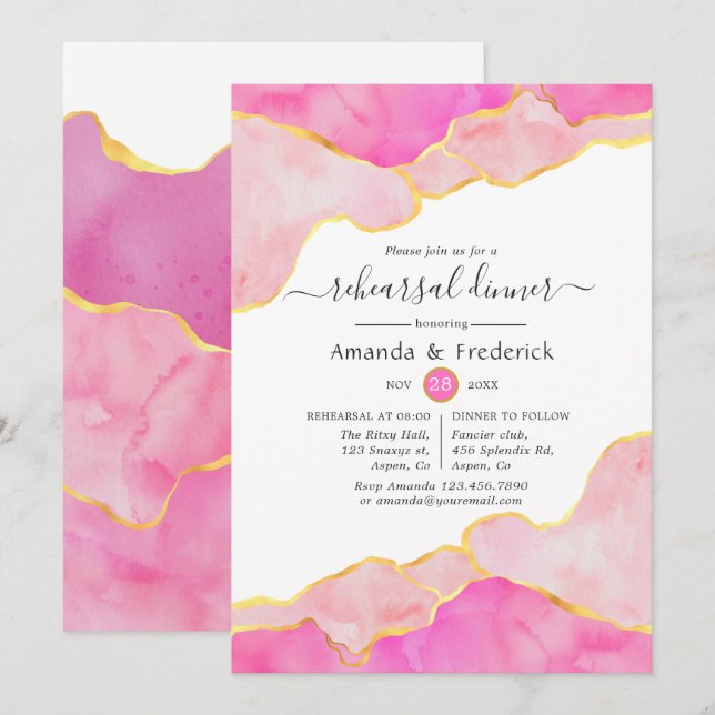 Pink and Gold Agate Rehearsal Dinner Invitation (Front/Back)