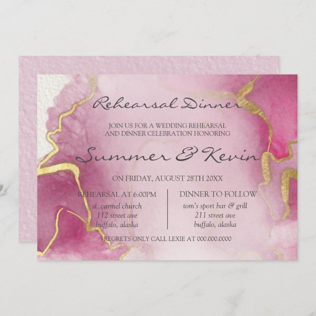 Pink and Gold Agate Watercolor Rehearsal Dinner In Invitation (Front/Back)