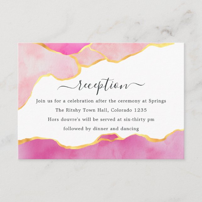 Pink and Gold Agate Wedding Reception Enclosure Card (Front)