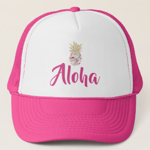 Pink and Gold Aloha Tropical Pineapple Trucker Hat