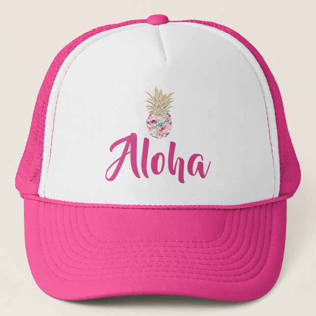 Pink and Gold Aloha Tropical Pineapple Trucker Hat (Front)
